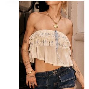 Free People Talia Cream Embroidered Ruffle Strapless Top